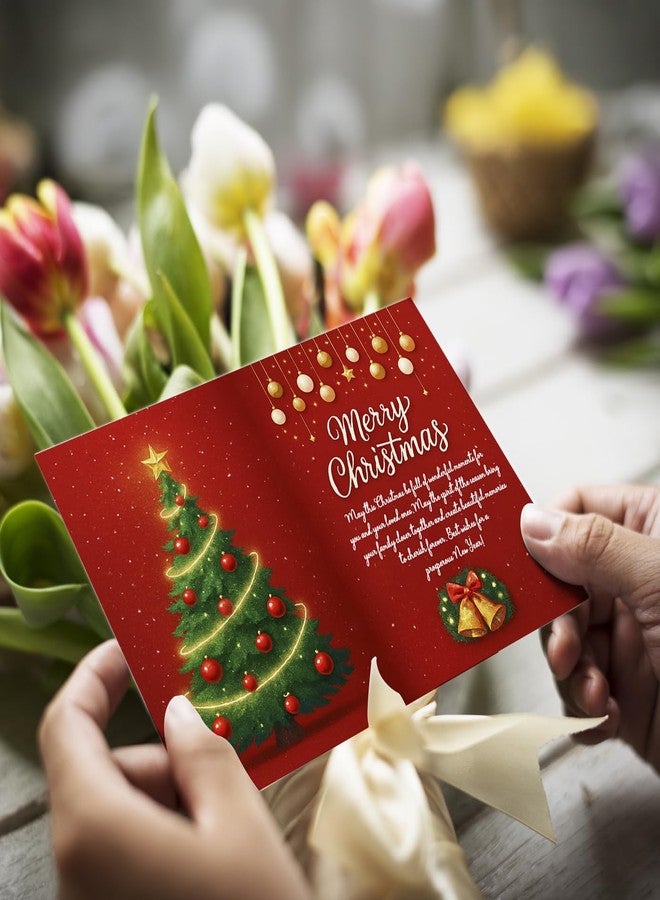MAKEPHOTOGIFTS بطاقة معايدة عيد ميلاد مجيد - مقاس A5 (8.3 × 5.8 بوصة) | تصميم احتفالي فاخر باللونين الأحمر والذهبي مع ظرف | رسم توضيحي لشجرة عيد الميلاد وعلبة هدايا | بطاقة تهنئة بالعيد للعائلة والأصدقاء وهدايا المكتب - Image 5